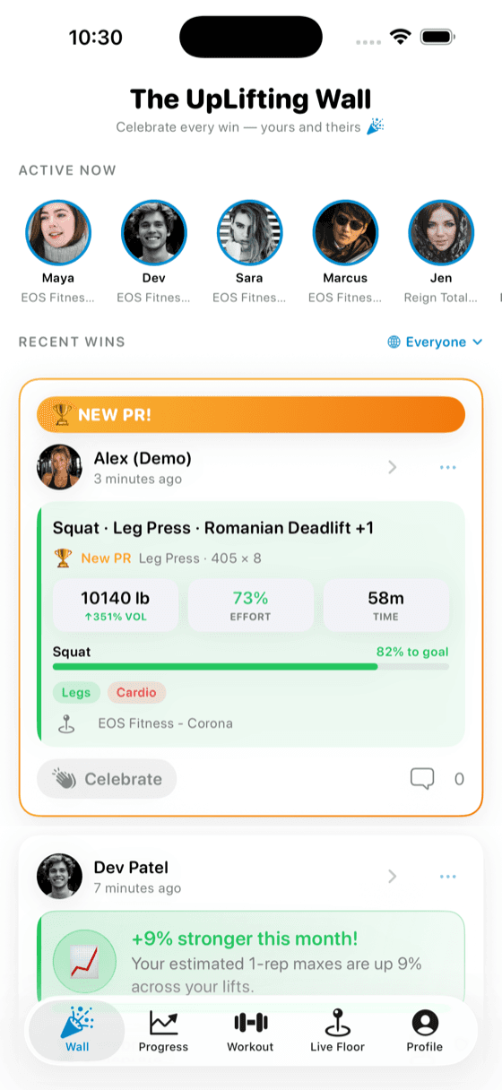 The UpLifting Wall โ friends' workout wins and PRs to celebrate